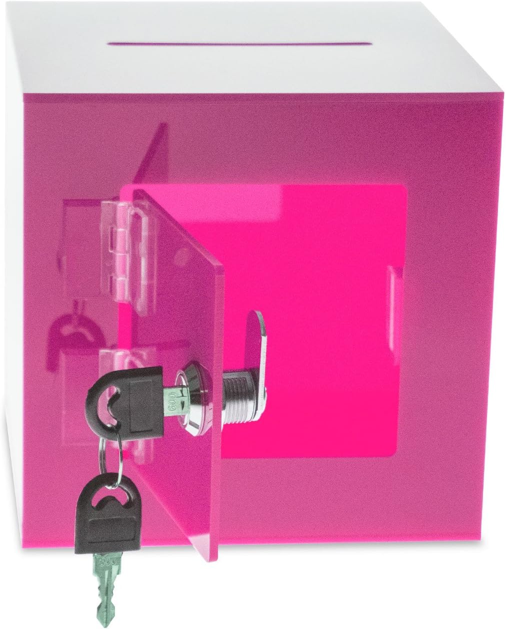 Source One Premium Acrylic Cube Donation Box with Deluxe Rear Open Door and Cam Lock Suggestion Box (8 Inch, Pink)