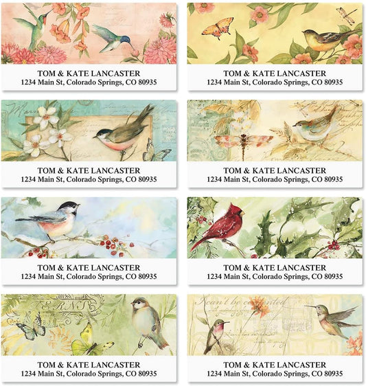 Seasonal Birds Address Labels (8 Designs) - Set of 144 1-1/8" x 2-1/4" Self-Adhesive, Flat-Sheet Labels