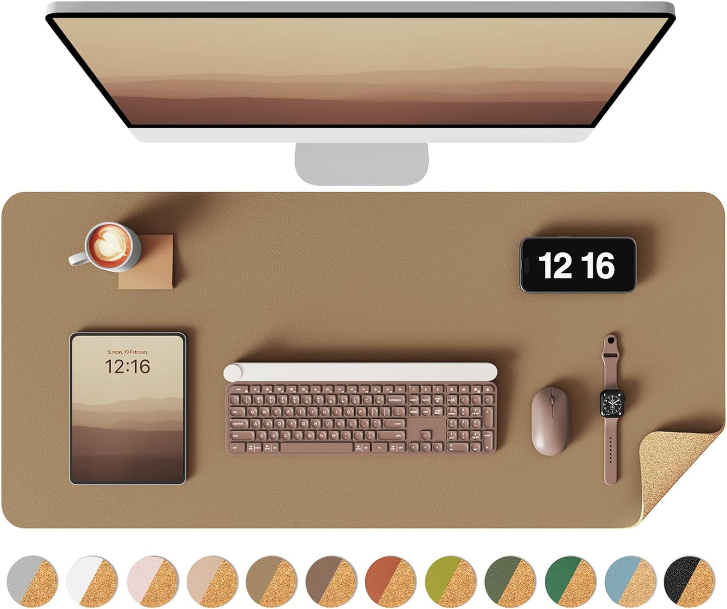 YSAGi Double-Sided Desk Pad, 31.5"x15.7"Leather Desk Mat, Eco Cork Desk Pad Protector,Large Mouse Pad,Waterproof Desk Blotter for Office/Home(Khaki)