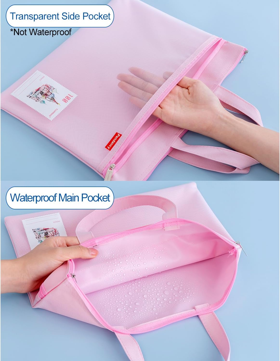 Pendancy Mesh Zipper Pouch 11x13.7 in, Large Double Pocket Waterproof File Bag with Handle, A4 Size Foldable Document Storage for Puzzle Project/Cross Stitch/Travel/Office（Pink）