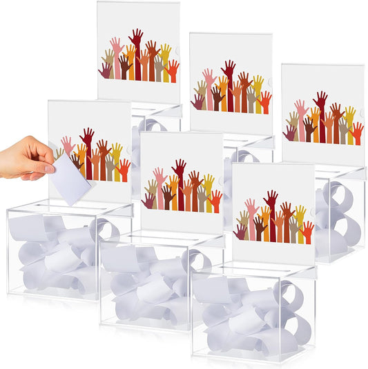 Bucherry 6 Pcs Acrylic Donation Box with Slot, 5.9 x 5 x 5 Inches Clear Ballot Suggestion Raffle Ticket Box with Sign for Fundraising, Raffle, Collecting, Donating, Voting
