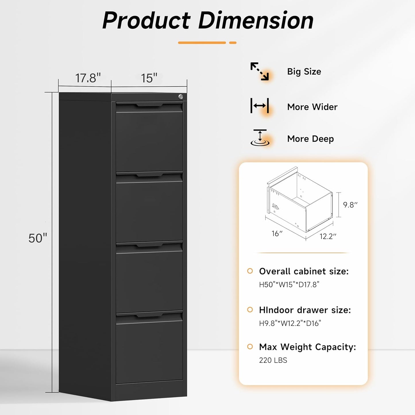 4 Drawer File Cabinet, 17.8" D Metal Filing Cabinets with Lock, Vertical Filing Cabinet for Home Office, Steel File for Letter/Legal/A4/F4 Size, Easy Assemble (Black)