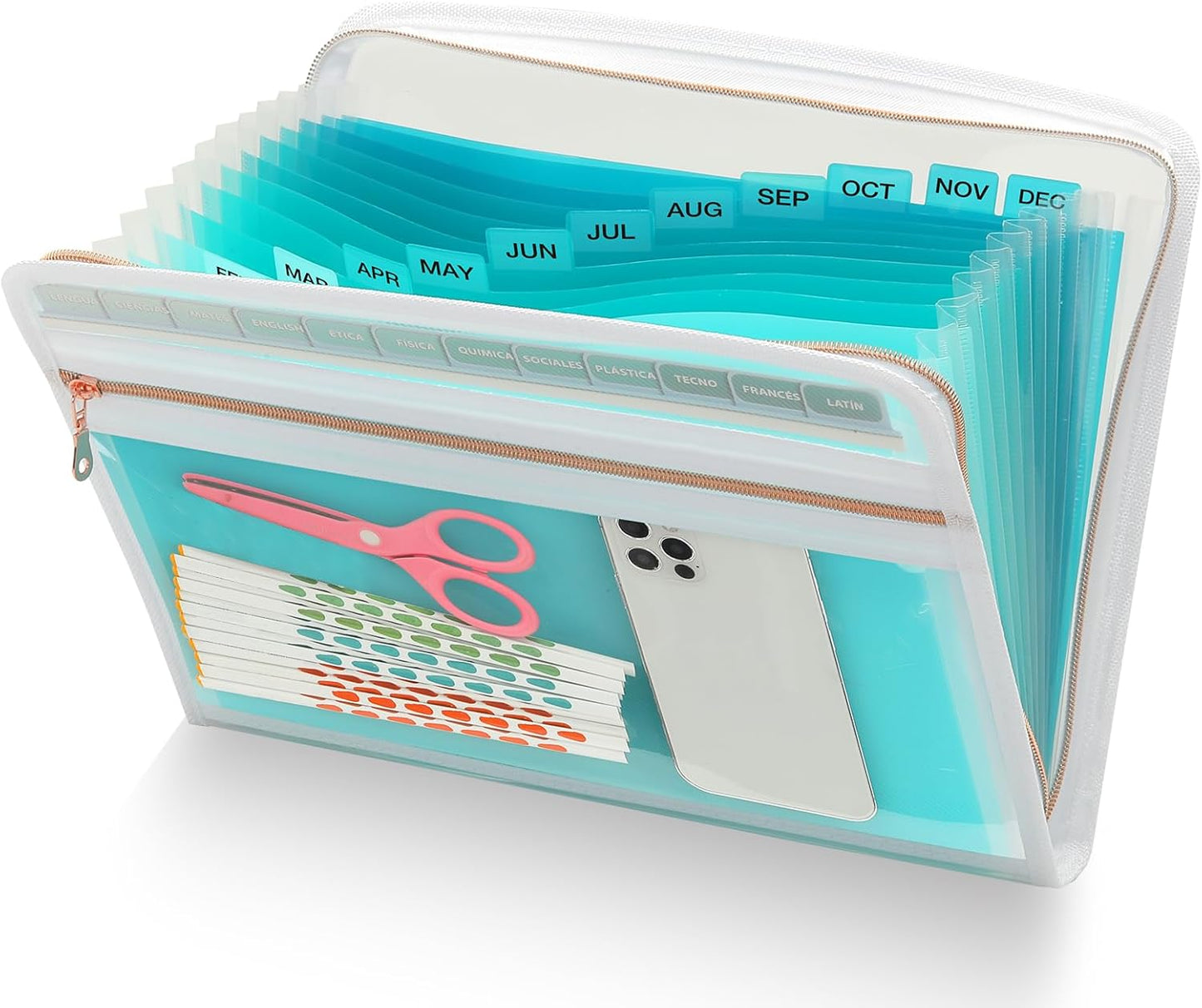 H4D 13 Pocket Expanding File Folder Organizer with Front Clear Pounch, Accordion File Organizer with Zipper Clourse, Fit for Letter Size Papers, Teal