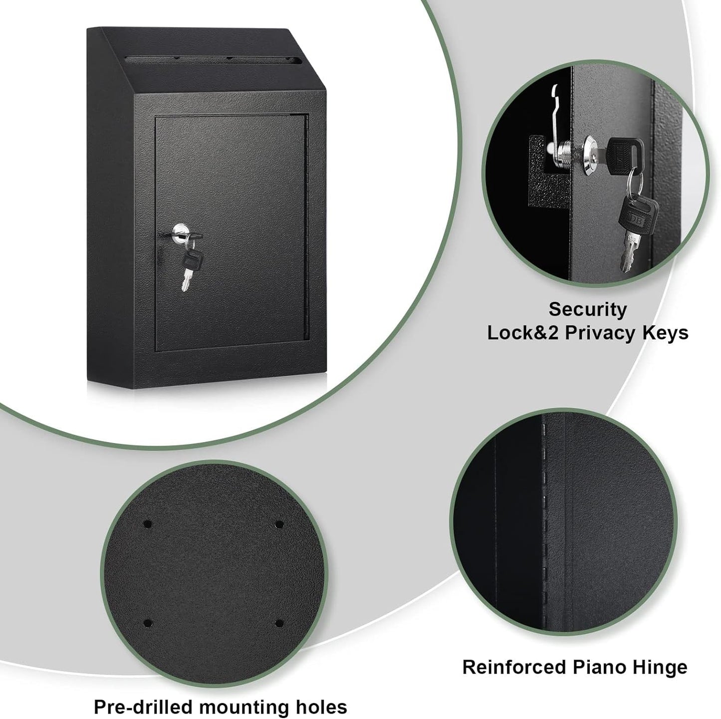 xydled Wall-Mount Mailbox,Heavy Duty Deposit Drop Box, Locking Metal Key Drop Box Suggestion Box with Key Lock,Secured Safe Storage Box Postbox for Home&Business Use,15x12x4 Inch,Black
