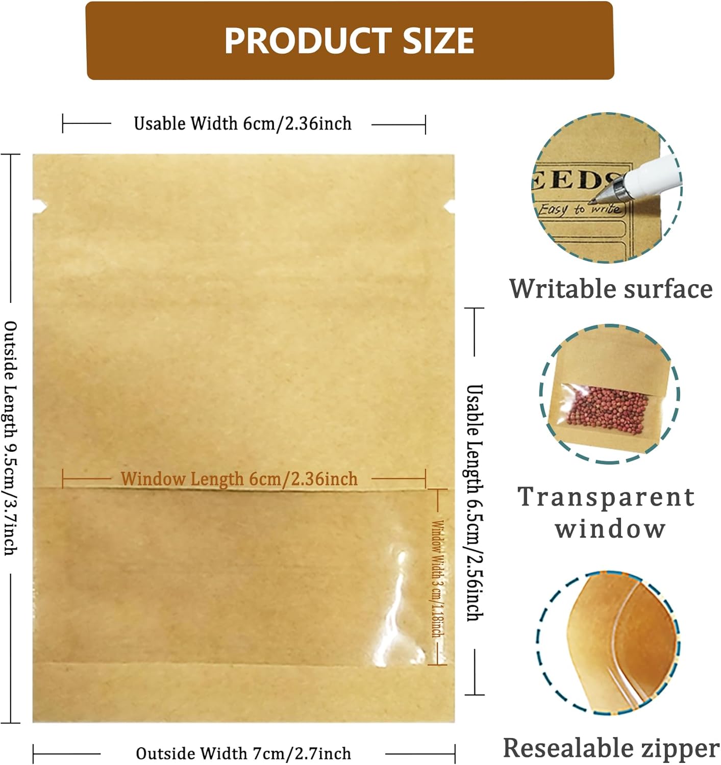 100 Pack Clear Window Small Resealable Seeds Packets Coin Envelopes 2.75x3.74 inch Brown Kraft Paper Sample Bag with Preprinted Seed Collecting Template for Seed Storage Organizer