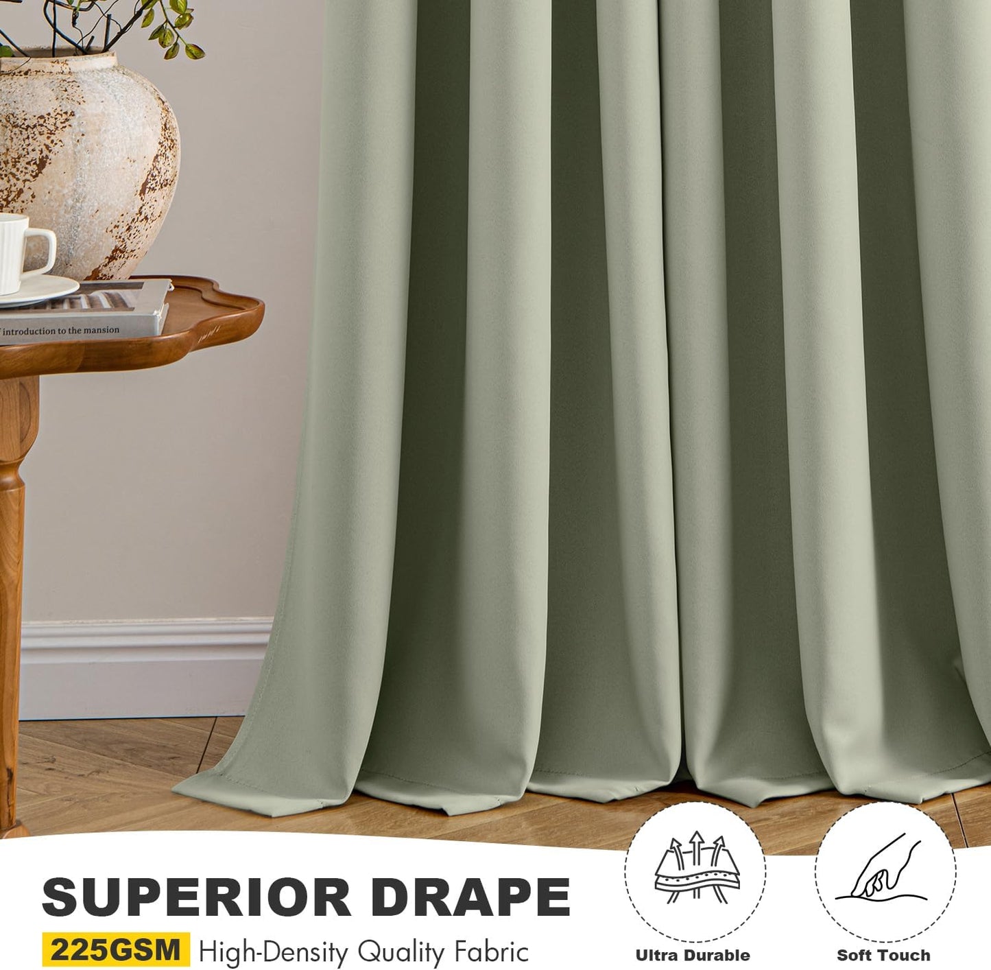 MIULEE Sage Green Blackout Curtains for Bedroom Living Room 63 Inches Long 2 Panels, Thermal Insulated Room Darkening Drapes Solid Grommet Top Noise Reducing Light Green Window Treatments 40x63 Inch