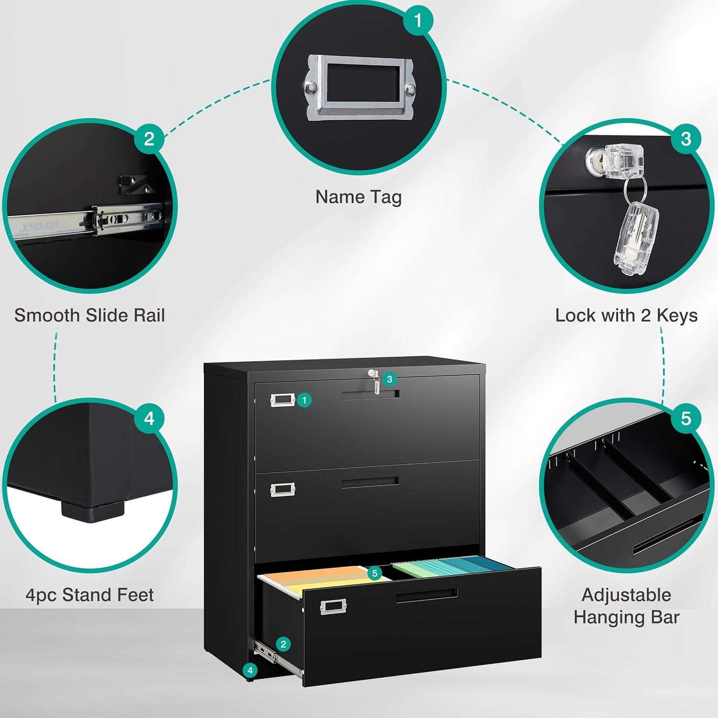 SISESOL 3 Drawer Lateral File Cabinet with Lock,Black Lateral Filing Cabinet,Horizontal Metal Filing Cabinets,Locked Wide Three Drawer File Cabinets for Office Home,Fit A4/F4/Letter/Legal File