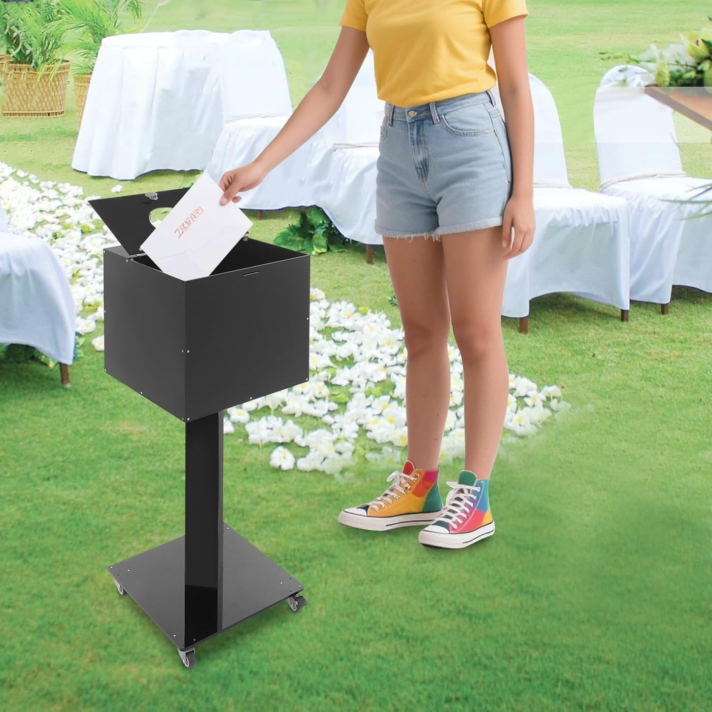 Suggestion Box with Stand, Floor Standing Offering Box with Wheels, Acrylic Locking Ballot Collection Safe Box for Voting Contest Charity Donation Church Election (Black (Round Opening))