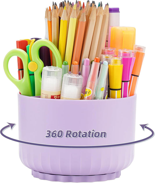 Marbrasse Desk Organizer, 360-Degree Rotating Pen Pencil Holder, Desk Organizers and Accessories with 5 Compartments Pencil Holder, Art Supply Storage Box Caddy for Office, Home(Purple)