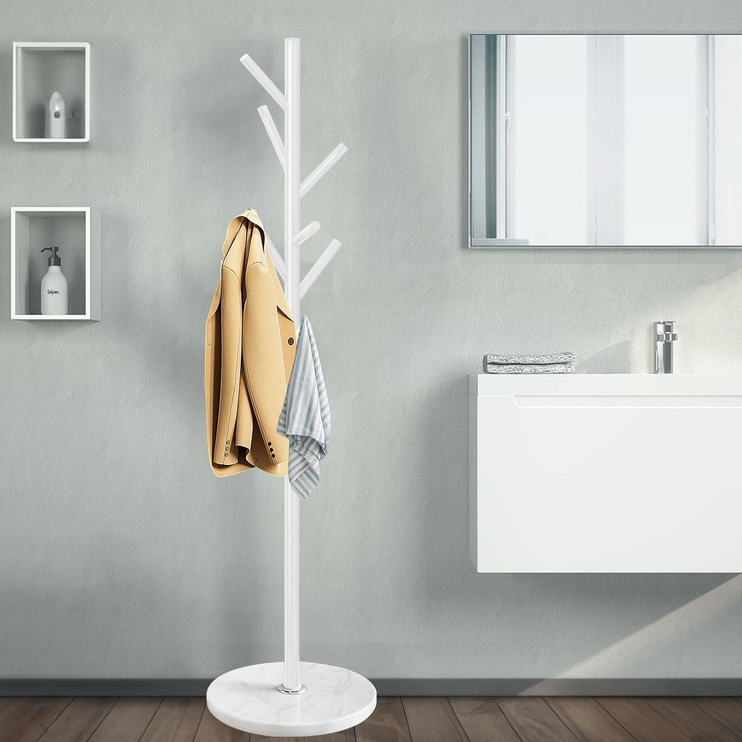 Coat Rack with Natural Marble Base, Metal Coat Racks Freestanding, Modern Coat Rack Stand with 8 Hooks, White Coat Tree Hats Hanger for Entryway, Hallway