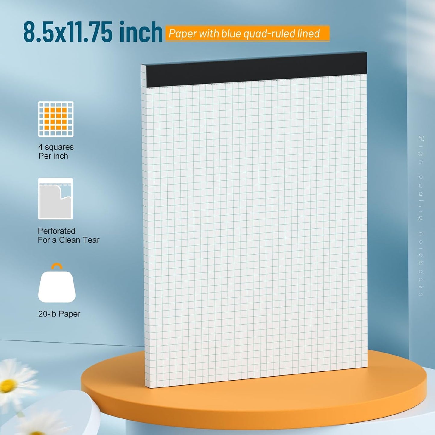 Graph Paper 8.5 x 11 Grid Paper Pad Quad Ruled, 3 Pack, 30 Sheets per Pad, White, 4x4 (4 Squares per inch), Easy-Tear Perforations, 8.5"x11" Quad Ruled Grid Paper Pad