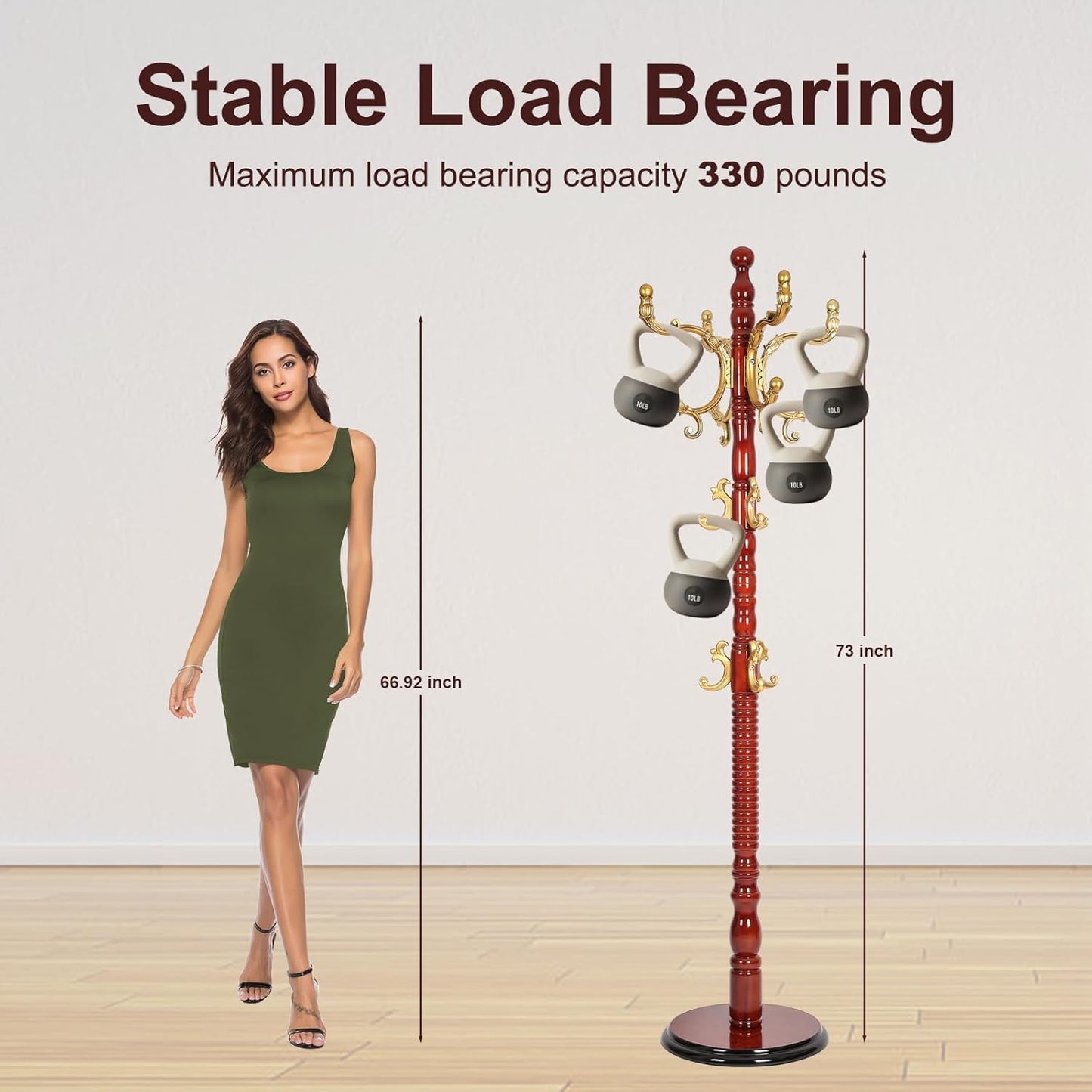 Solid Wood Coat Rack – 73" Freestanding Coat Racks Stand with 14 Hooks & Stable Base, Adjustable Height Modern Wooden Hall Tree for Entryway, Bedroom, Office, Home (Begonia Round)