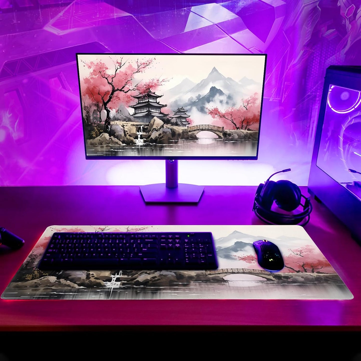 Desk Mat, Desk Matt for Desktop, Watercolor Desk Pad Mat, XL Large Mouse Pad for Desk, Anti-Slip Big Mousepad with Stitched Edges, Keyboard Pad Mouse Mat for Gaming Office (Cherry Blossom 3)