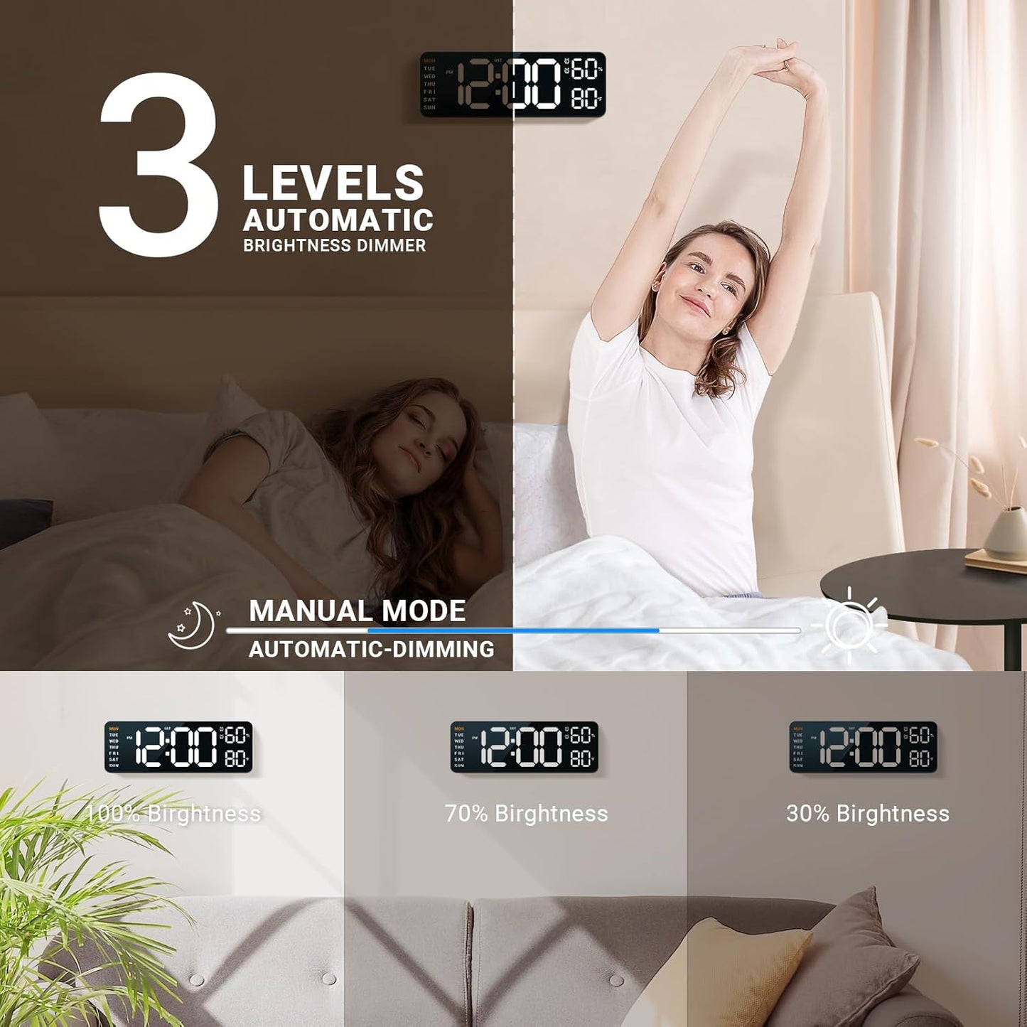 10" Digital Wall Clock: Dual Alarm Wall Mount Decor Clock for Living Room Classroom Office Desk, House Warming Gifts New Home Decor, Gift for Mom Dad Seniors Teen White