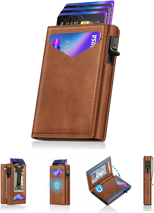Wallet for Men, RFID Wallet with Money Clip & ID Window, Minimalist Pop Up Credit Card Case Holder 10-12 Cards, Bifold Slim Smart Wallet for Front Pocket, Compact Metal Wallets, Gifts for Men, Brown