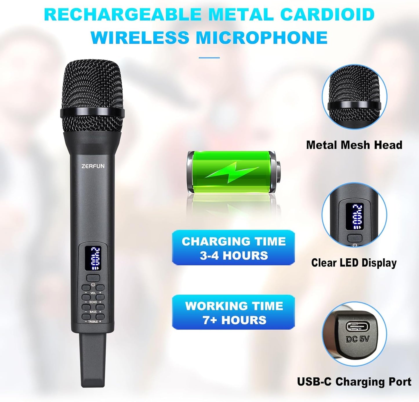 Rechargeable Wireless Microphone, Pro Handheld Cordless Mics System Dynamic with Echo Treble BASS VOL Control for Karaoke Singing Church Party, 1/4'' Output, D240, Grey