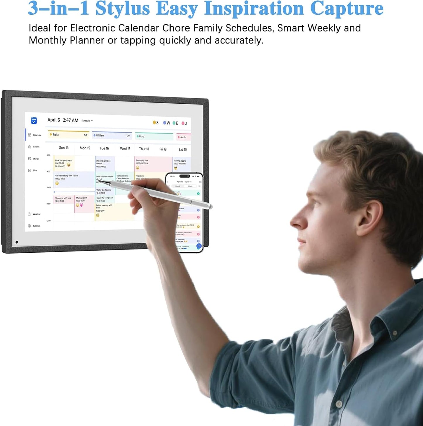 Stylus Pen Compatible with 15 inch Skylight Calendar,3 in 1 Capacitive Stylus Pen for Touchscreen for Apple iPhone/iPad Pro/Mini/Air/Android/Microsoft/Surface All Capacitive Touchscreen - Silver