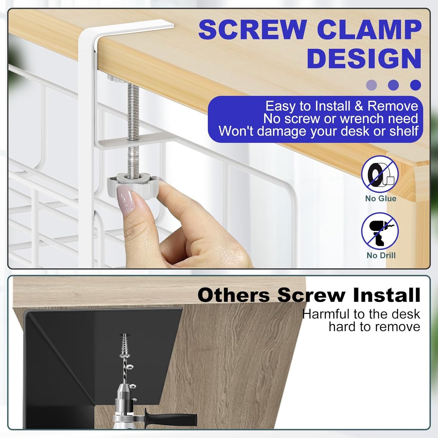 Under Desk Cable Management Tray, 15.7'' White No Drill Steel Desk Cable Organizers, Wire Management Tray Cable Management Rack, Desk Cable Tray with Wire Organizer White(2 pack)