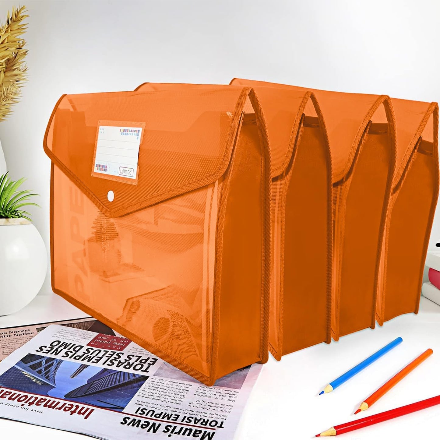 Plastic File Folders Legal Size Expandable Document Folder with Snap Button Closure, B4 Expanding File Wallet Envelopes Pouch with Label Pocket, 2 Packs, Orange