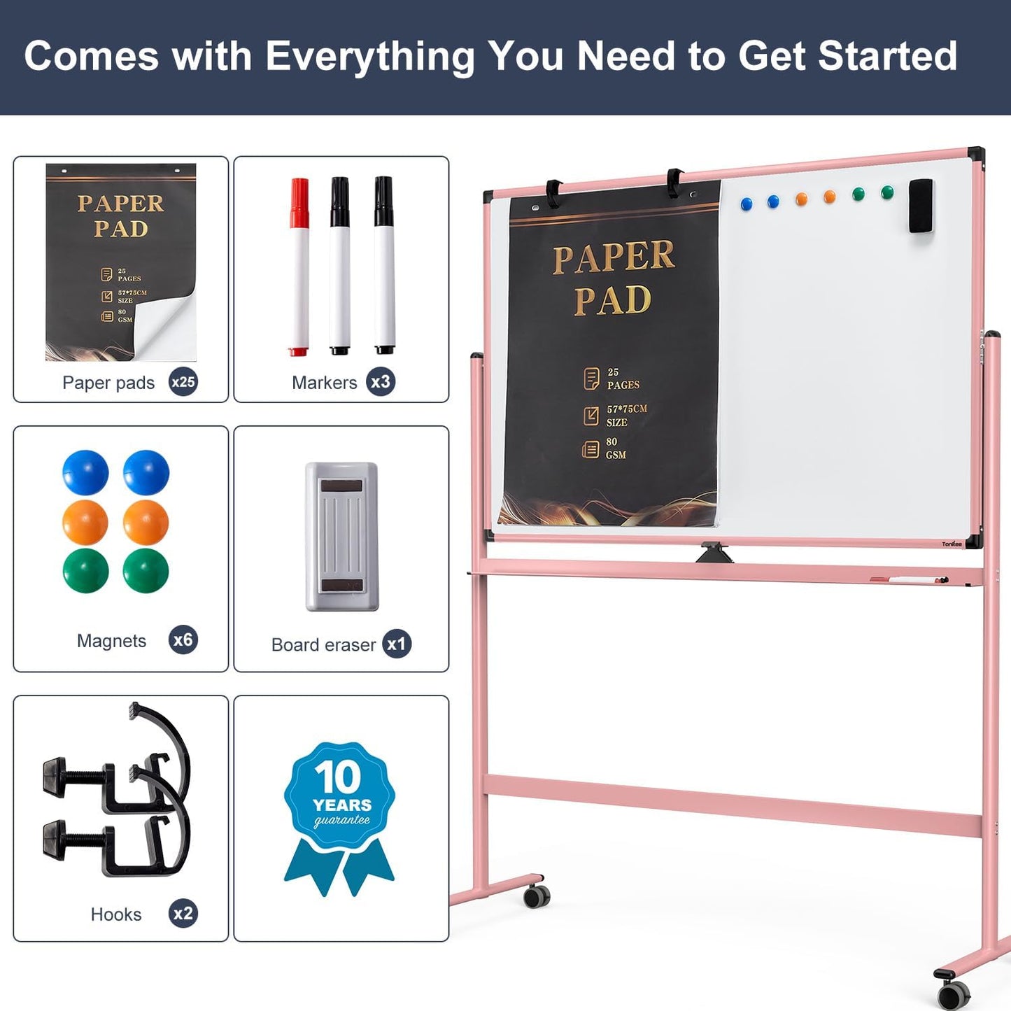 Mobile Whiteboard, 48x32 Inches Dry Erase Board with Stand, Large Rolling Whiteboard on Wheels, Standing White Board for Office, School, Home, Magnetic Double Sided White Board with Paper Pad