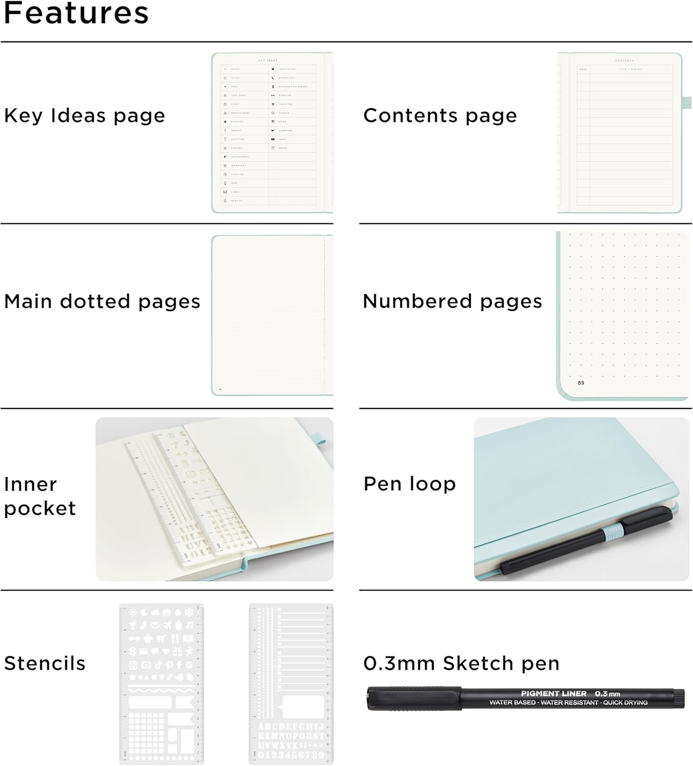 &And Per Se Bullet Dotted Journal Notebook, A5 Leather Hardcover, 176 Numbered Pages 100GSM Thick Dotted Paper, 2 Sheets of Stencils Included - 5.7'' x 8'' (Cyan)