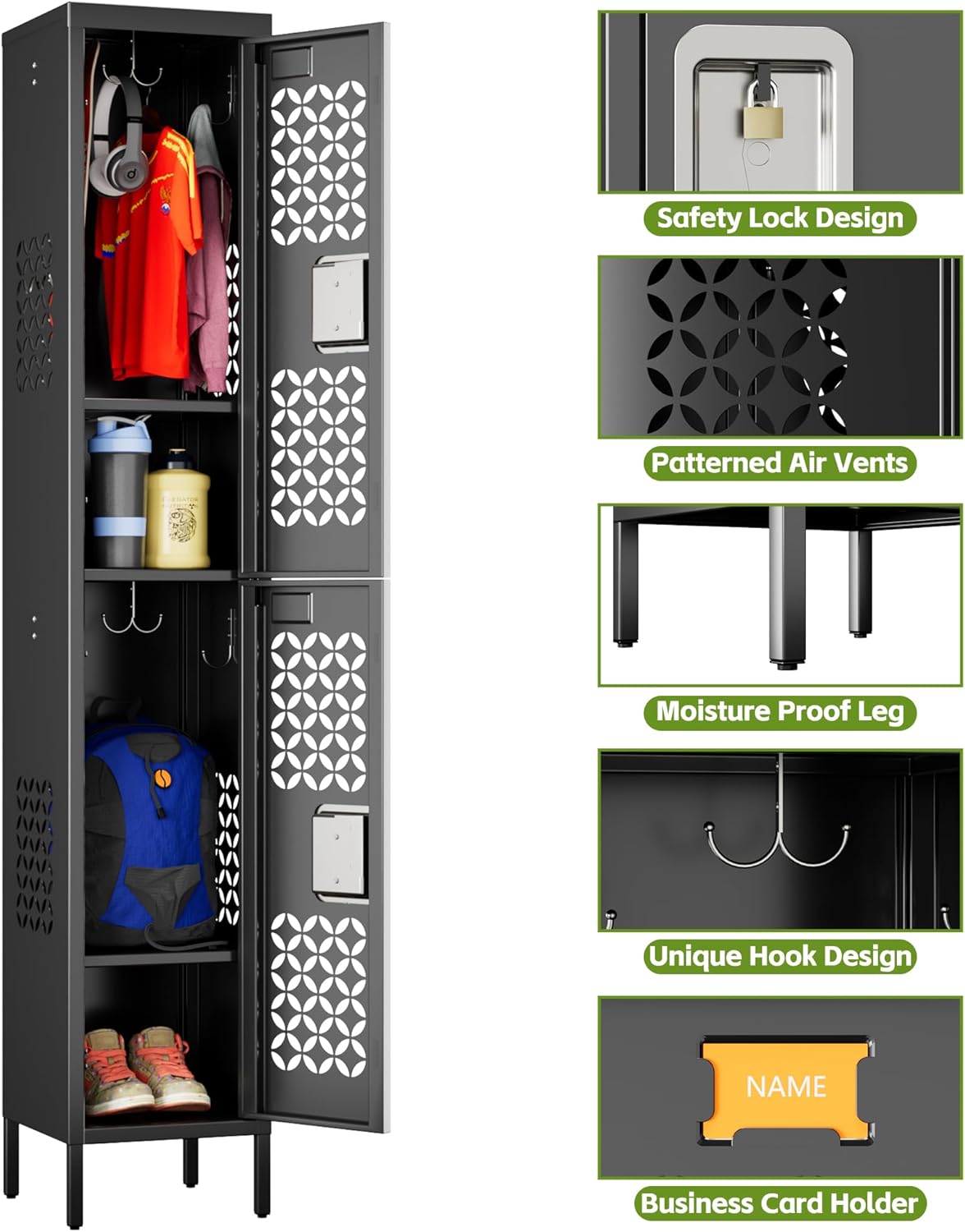 2 Doors Metal Locker with Adjustable Shelves and 6 Hooks,Metal Lockers for Employees for Gym,School,Office,Home,Garage,Assembly Required,Black