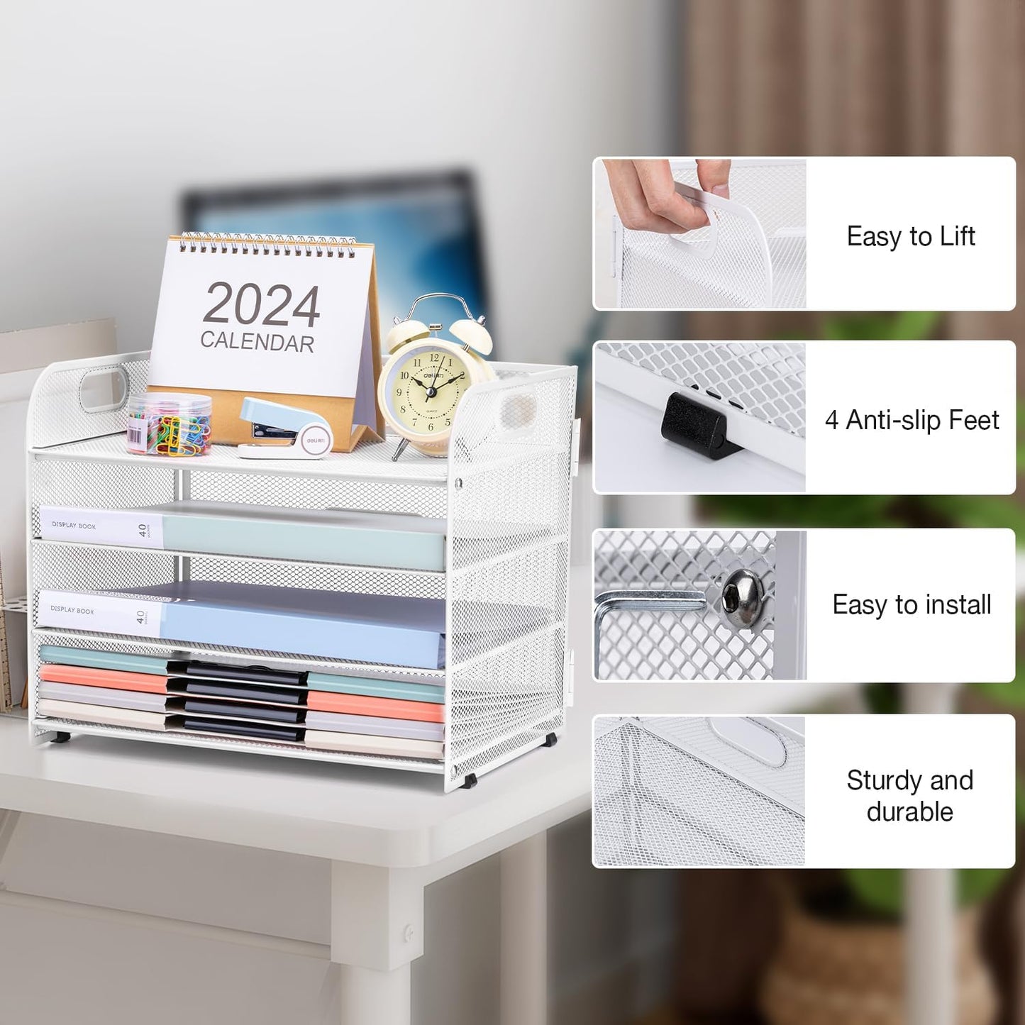 4-Tier Paper File Tray Organizer, Desk Organizer Tray with Handle, Mesh Desk File Organizer for Office Supplies Desktop Accessories - White