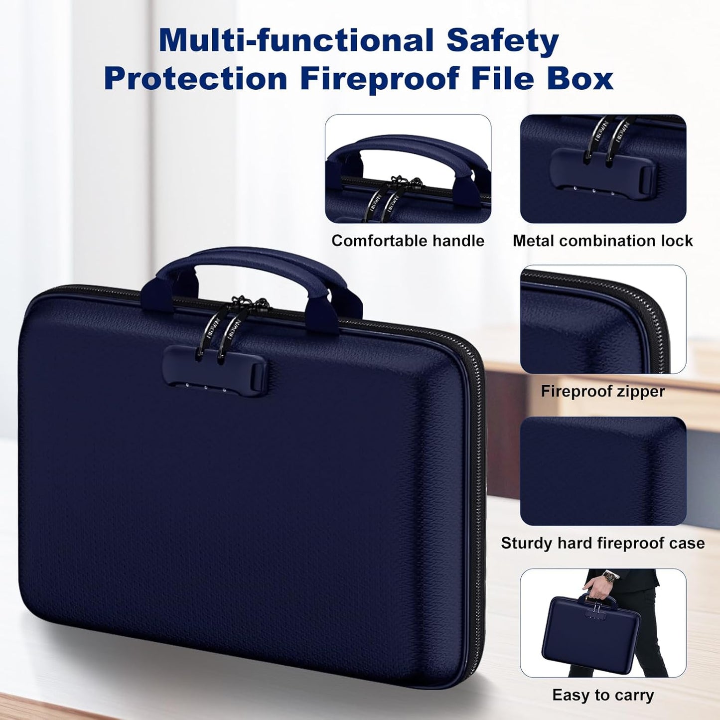 Fireproof Document Box, Hard Case Fireproof File Organizer Box with Lock and 13 Pocket Accordion File Folder, Portable Safe Box for Home Office Travel to Storage Important Documents Laptop Blue