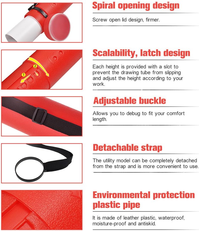 DEWEL Document Tube,Plastic Expanding Poster/Art/Document Storage Tube 24.5 to 40 inches Adjustable with Carrying Strap Waterproof and Light-Resistance Telescoping Carrying Case (Red-Large Size)