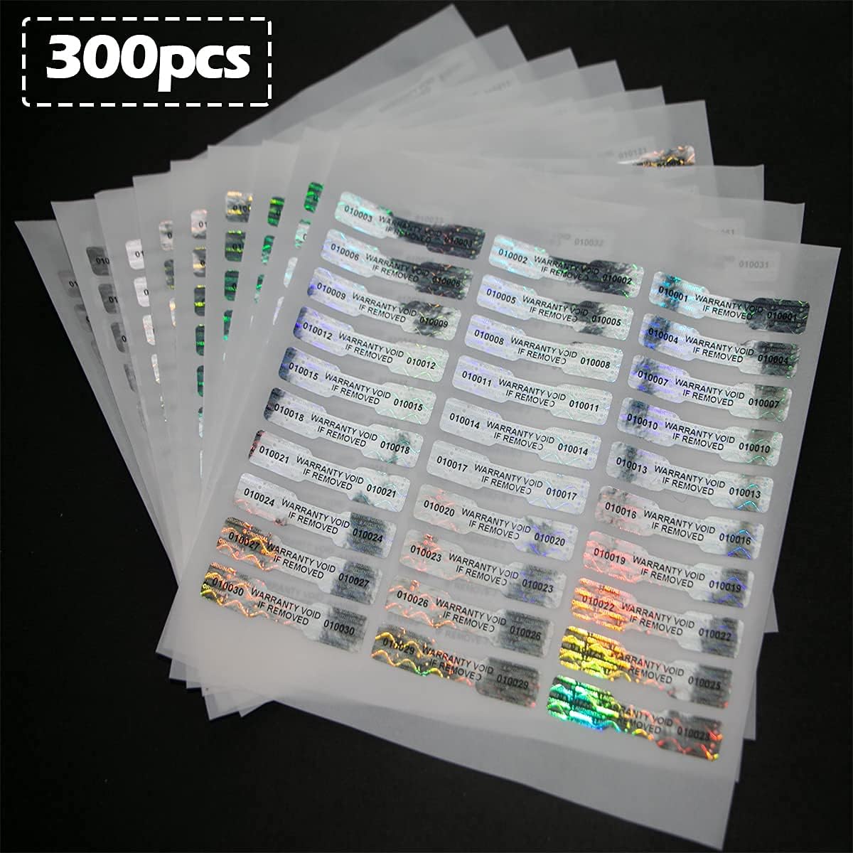 300 Pcs Bone Silver Hologram Sticker Holographic Tamper Evident Label High Security Warranty Seal Sticker with Serial Numbers(0.4 Inch X 2 Inch,GQYHLABO)