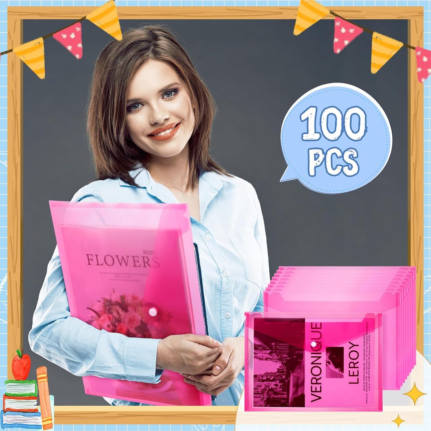 100 Pcs Clear Envelopes with Snap Button Closure Bulk A4 Letter Size Clear Plastic Envelope Folder Document Organizer File Folders for Office Home(Pink)