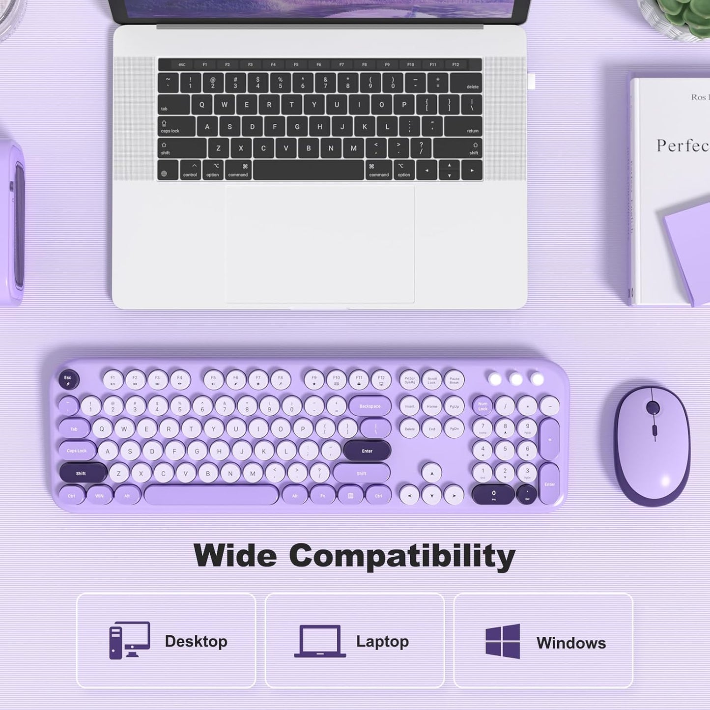 MOFII Wireless Keyboard and Mouse Combo, Cute Keyboard Full Size and Wireless Mouse, 2.4GHz Retro Typewriter Keyboard Wireless Mouse Set for PC/Desktop/Laptop/Windows (Violet)