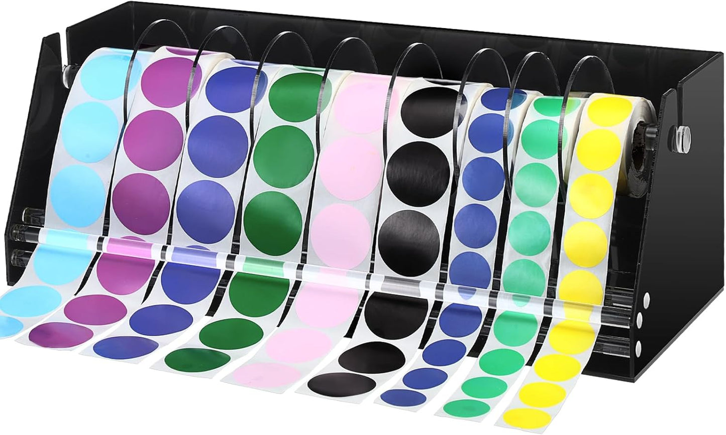 Adjustable Label Dispenser Acrylic Sticker Roll Dispenser Label Roll Holder Multi Use Sticker Holder Organizer Stand for School Gifts and Home Office Desktop(9 Disks)