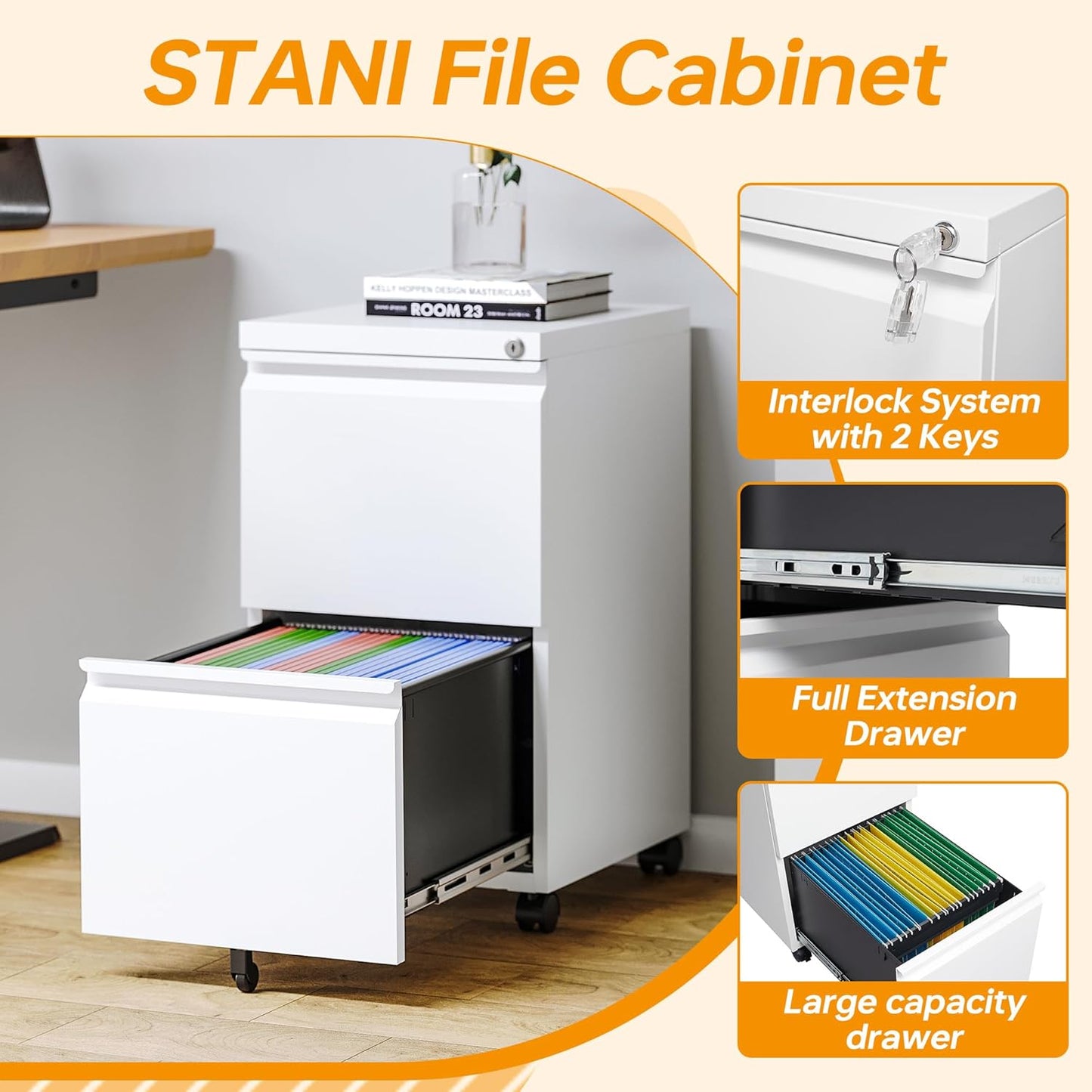 2 Drawer Mobile File Cabinet with Lock Steel Small Rolling File Cabinet Legal/Letter/A4 Size Under Desk Metal Filing Cabinet for Home Office Vertical Filing Cabinet Printer Stand Fully Assembled
