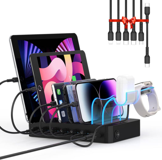 SooPii 6-Port PD Charging Station for Multiple Devices, 20W PD USB C Fast Charging for lPhone 14/13/12,6 Short Cables Included, 2 in 1 Holder,for Phones,Tablets and Others,Black