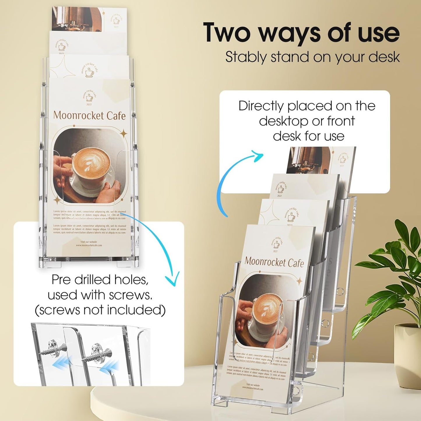 MaxGear Acrylic Brochure Holder, 4 Inch Wide 4 Tier Clear Literature Display Stand, Premium Plastic Pamphlet Holder, Multi-Pocket Wall Mount or Countertop Organizer for Office or Home, 6 Pack