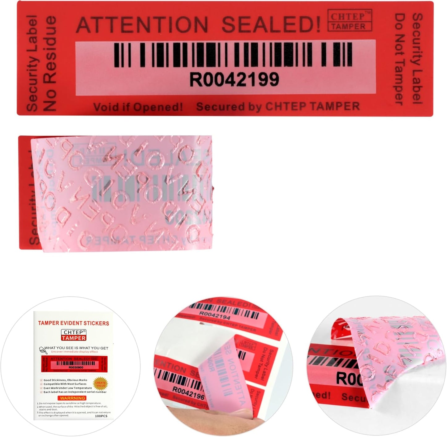 ChtepTamper 100 Pieces No Transfer Tamper-Evident Stickers Security Labels Great for Goods Shipping,Exchange of Agency Files, Privacy Protection or More(Serial Number 1 * 3.54inches Red)