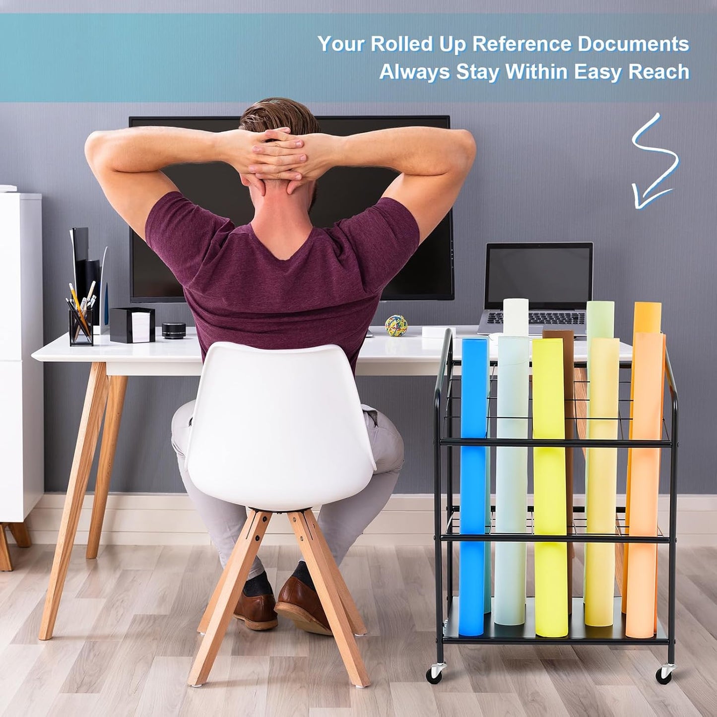 WILLBOND 20 Slots Blueprint Storage Rack Wire Roll File Holder with Wheels Metal Blueprint Storage Bin Cart Paper Holder Cabinet Vertical Tube Poster Organizer (32.28 x 18.11 x 22.06 Inch)