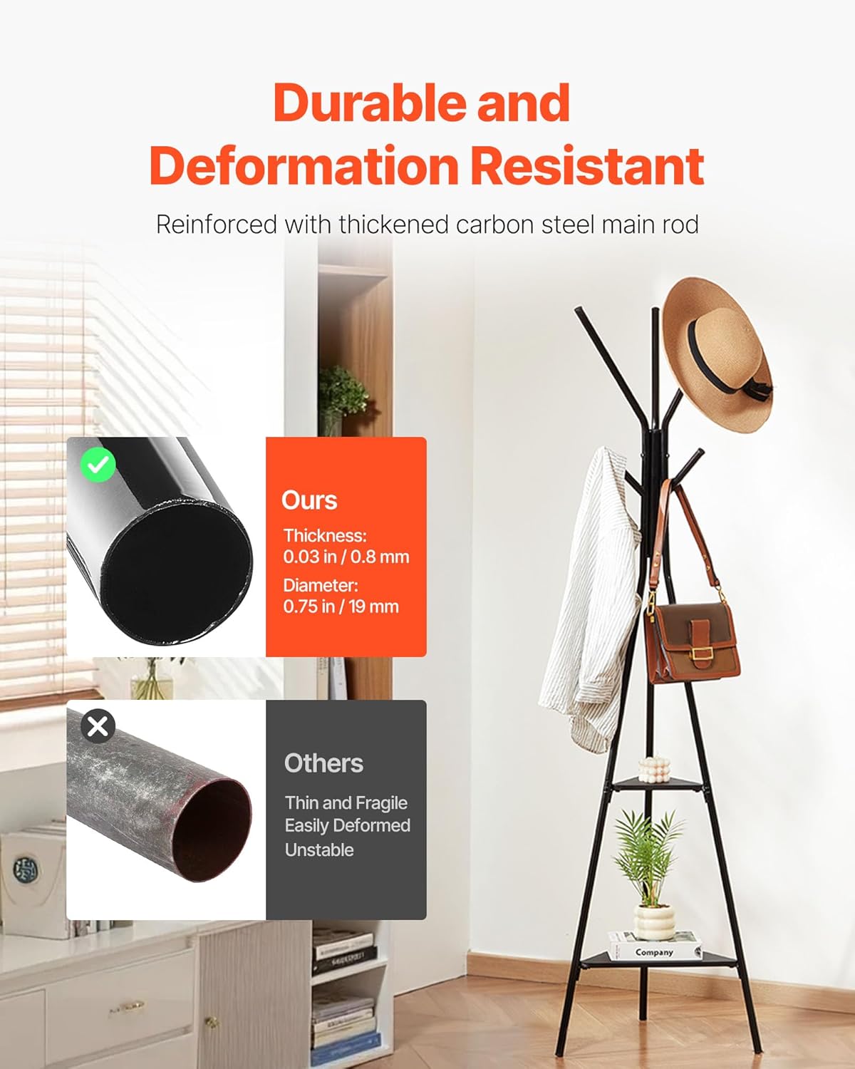 VEVOR Coat Rack, Freestanding Coats Rack Stand with 2 Shelves & 6 Hooks, Free Standing Hall Coat Tree for Entryway, Bedroom, Living Room, Modern Clothes Hanger Stand for Coats, Hats, Scarves, Handbags