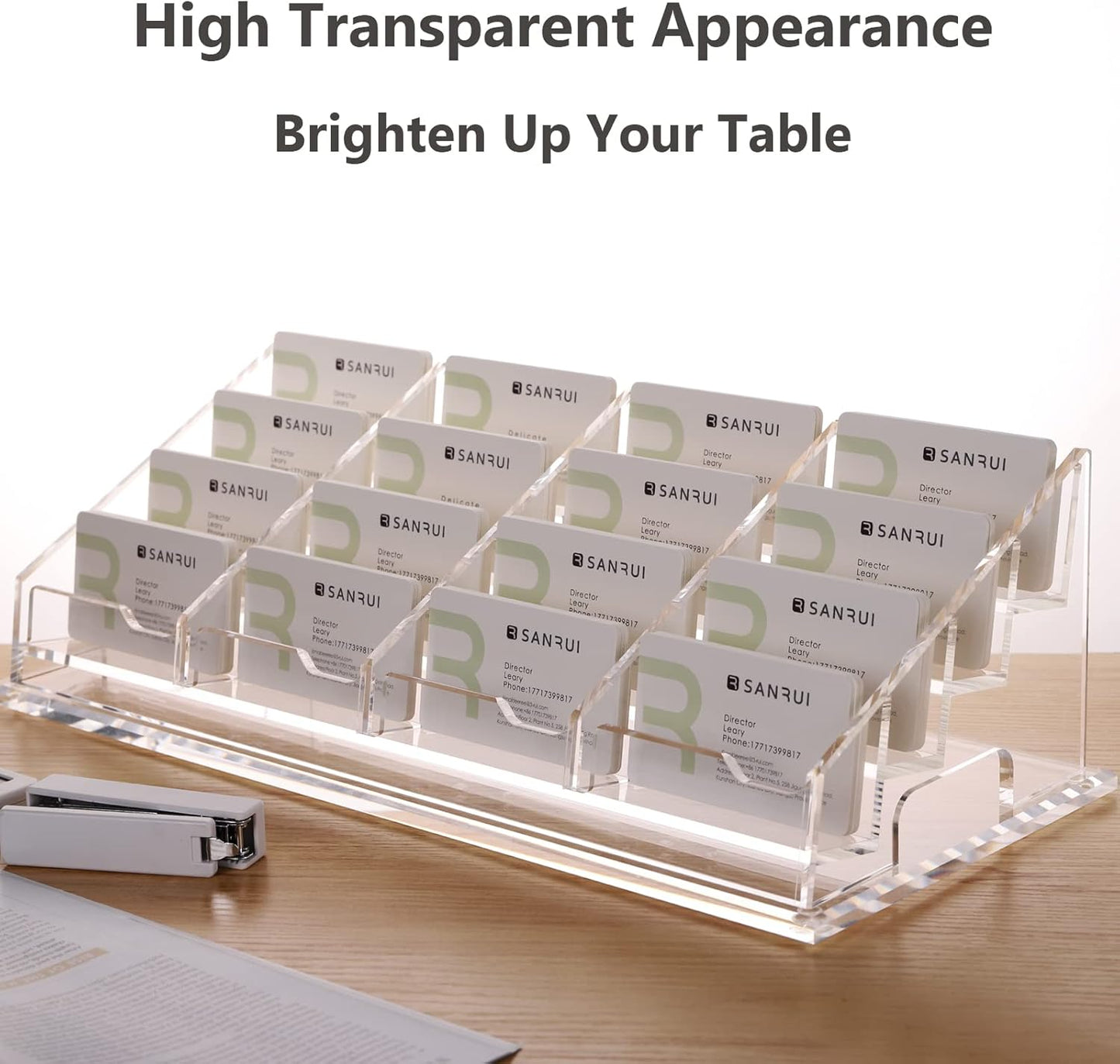 YUXUN 16 Slots Acrylic Business Card Holder for Desk Horizontal 4 Tiers Business Card Stand Clear Multiple Cards Display Stand for Office Supplies Home School