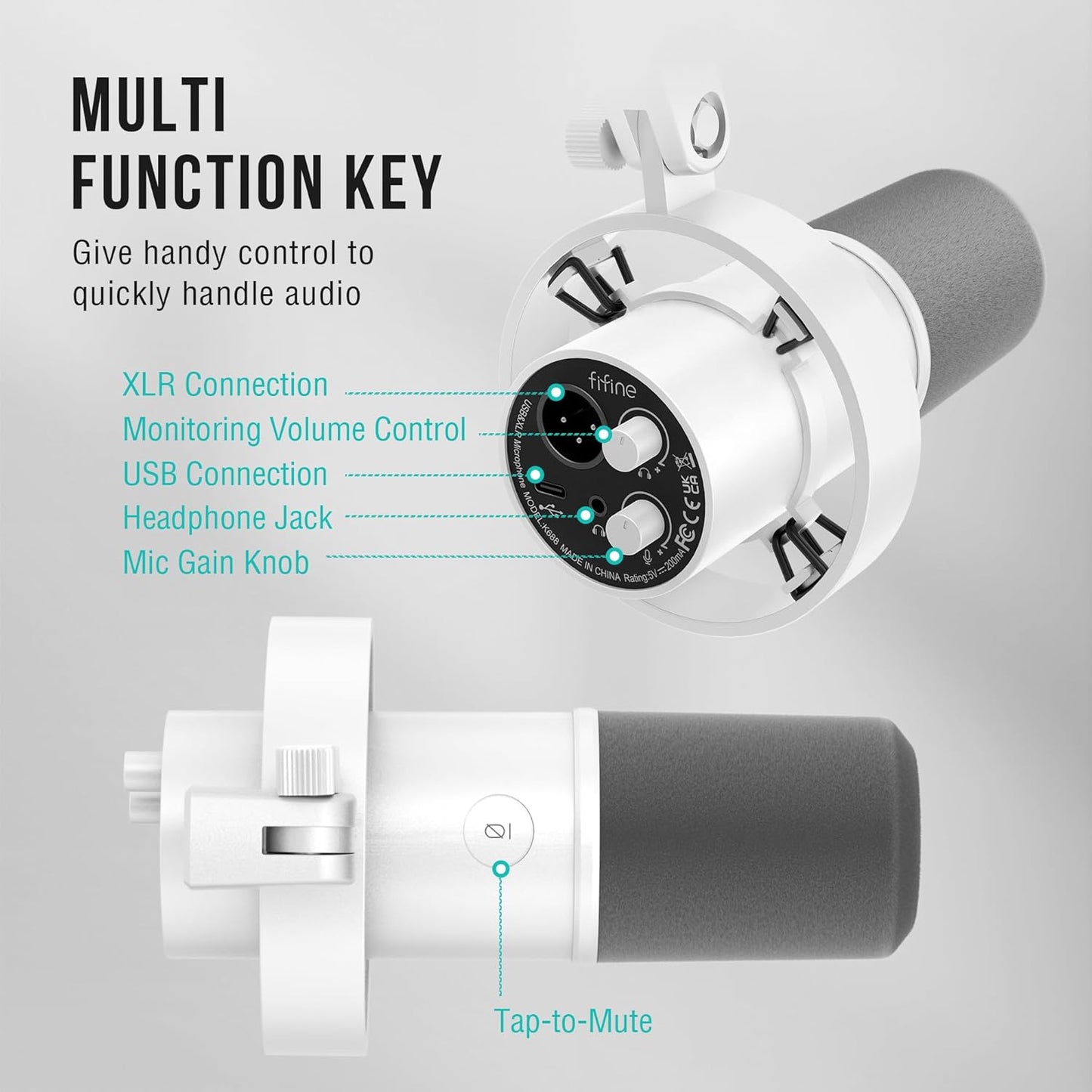 FIFINE Podcast XLR/USB Microphone Kit, Studio Dynamic Vocal Mic for Recording, Streaming, Voice-Over, PC Microphone with Boom Arm with Mute, Headphone Monitoring, Metal-AmpliTank K688T White