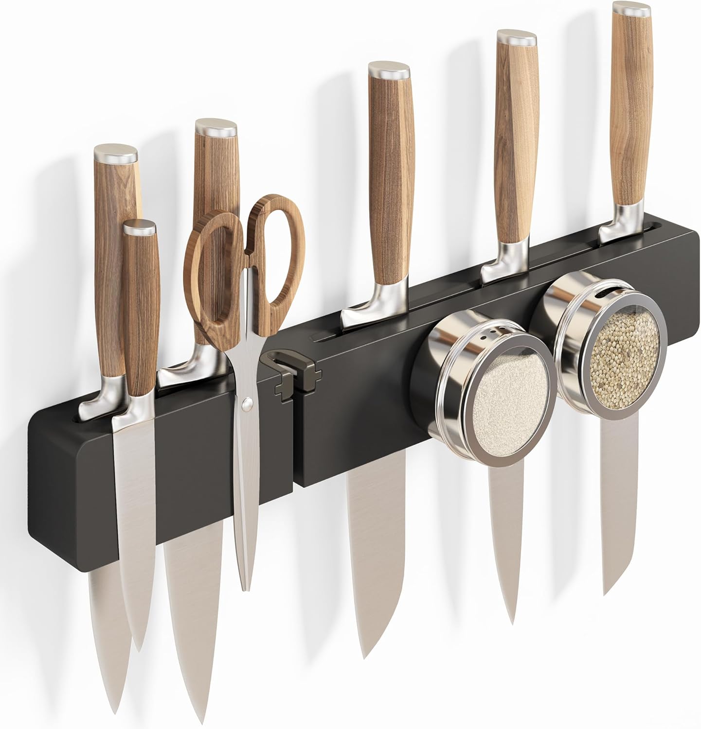 Magnetic Knife Holder for Wall, Acacia Wood Knife Magnetic Strip No Drill Knife Magnet Storage Bar Magnetic Tool Key Holder Strip for Kitchen Utensil Organizer (Black, 16 Inch Large)