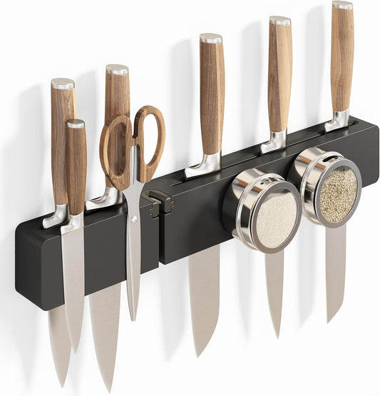 Magnetic Knife Holder for Wall, Acacia Wood Knife Magnetic Strip No Drill Knife Magnet Storage Bar Magnetic Tool Key Holder Strip for Kitchen Utensil Organizer (Black, 16 Inch Large)