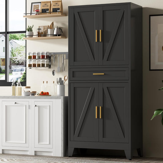 71" Tall Metal Storage Cabinet with Drawer and Adjustable Shelves,Farmhouse Kitchen Pantry Storage Cabinet with Doors,Large Wide Cabinets for Craft Room,Office,Dining Room,Bathroom(Black)