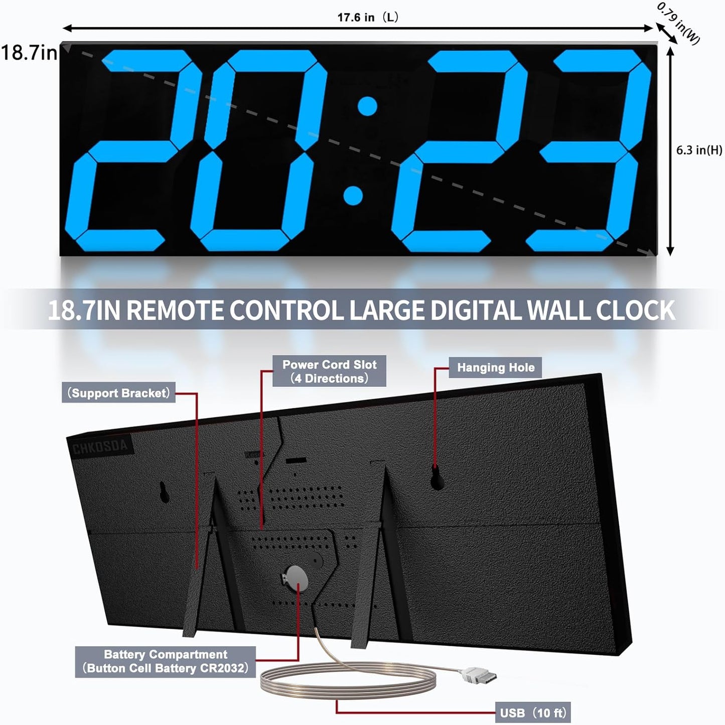 18.7in Large Digital Wall Clock,LED Digital Clock with Big Number,Multi-Function Remote Controlled Wall Clock with Timer, Alarm and Calendar Display(Blue)