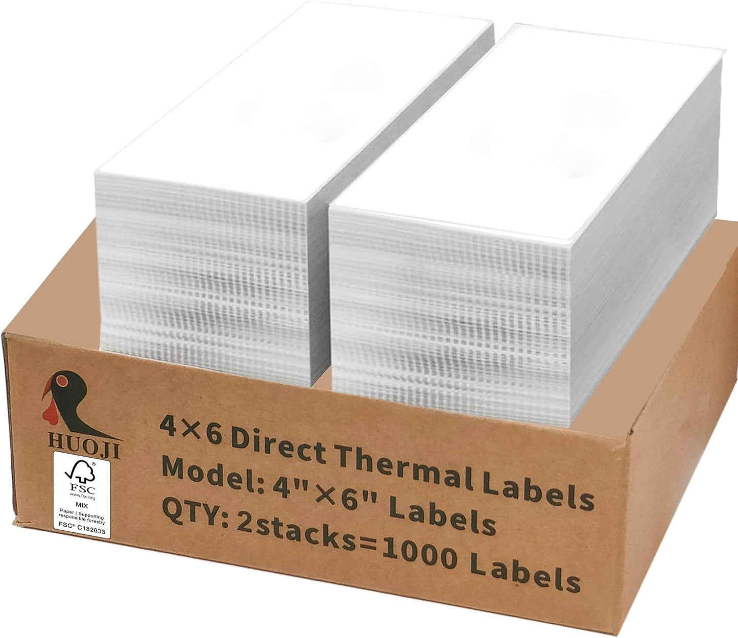 HUOJI 4x6 Direct Thermal Shipping Labels, 2 Stacks 1000 Labels, Fanfold, Compatible with Rollo, Zebra, MUNBYN Printers(Commercial Grade)