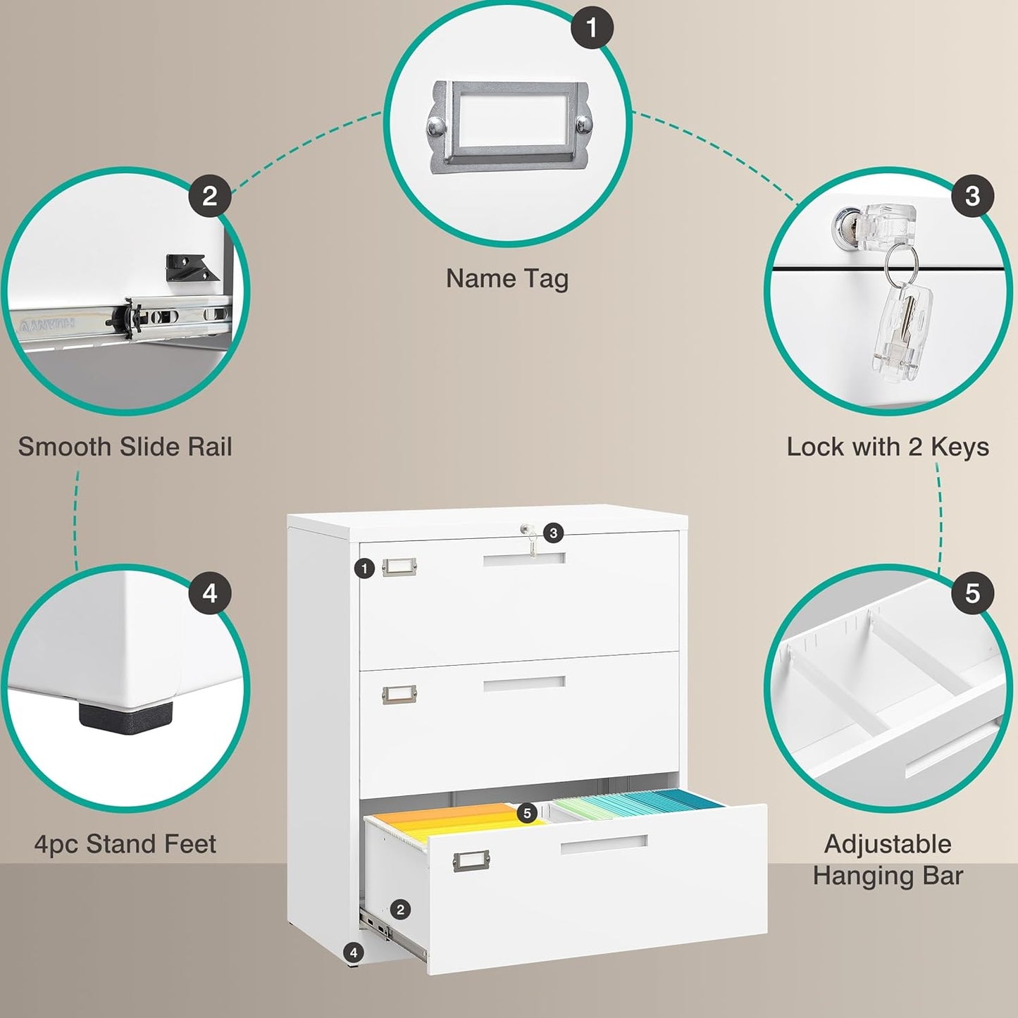 SISESOL 3 Drawer Lateral File Cabinet with Lock,White Lateral Filing Cabinet,Horizontal Metal Filing Cabinets,Locked Wide Three Drawer File Cabinets for Office Home,Fit A4/F4/Letter/Legal File