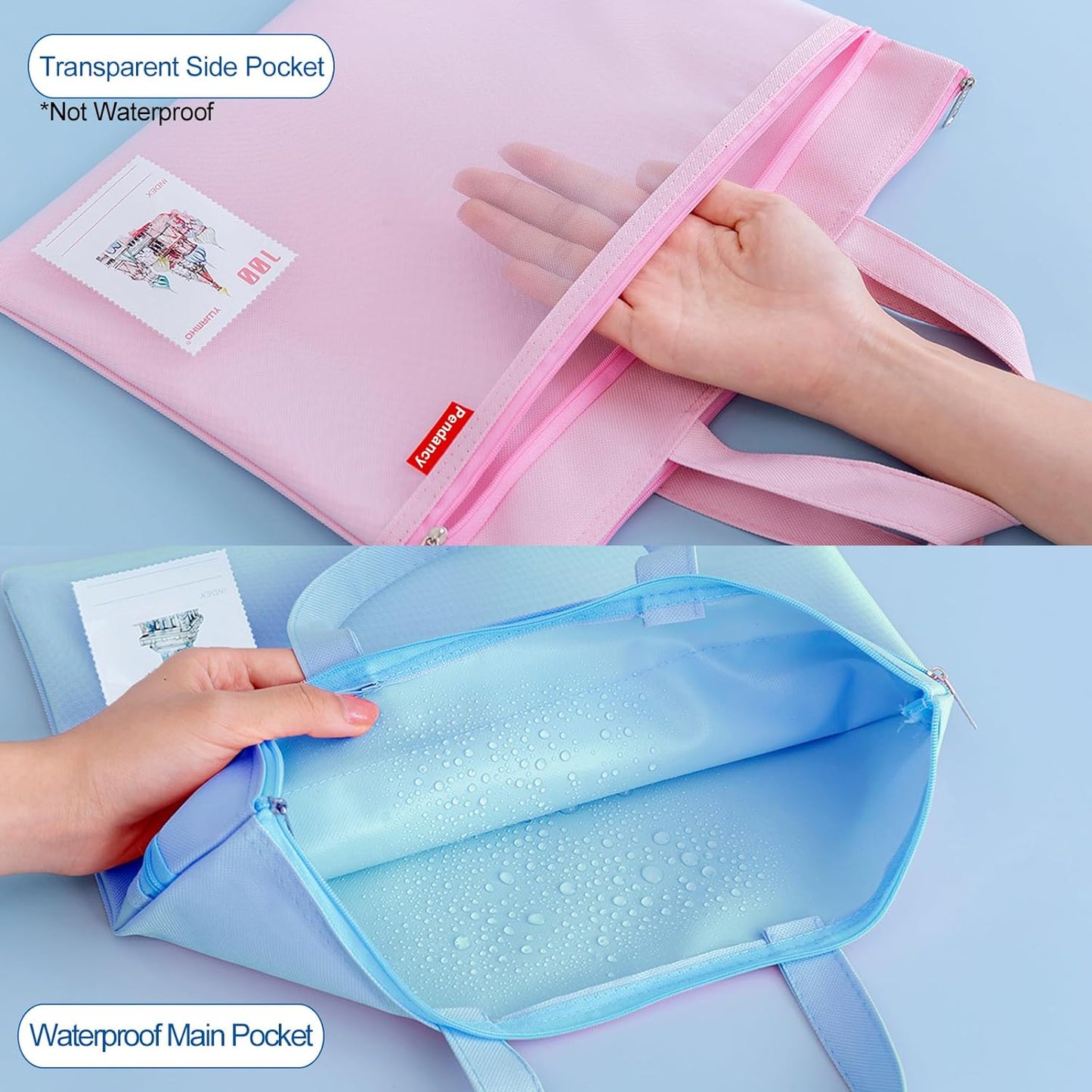 Pendancy Mesh Zipper Pouch 11x13.7 in, 2 pcs Large Double Pocket Waterproof File Bag with Handle, A4 Size Foldable Document Storage for Puzzle Project/Cross Stitch/Travel/Office（Blue Pink）