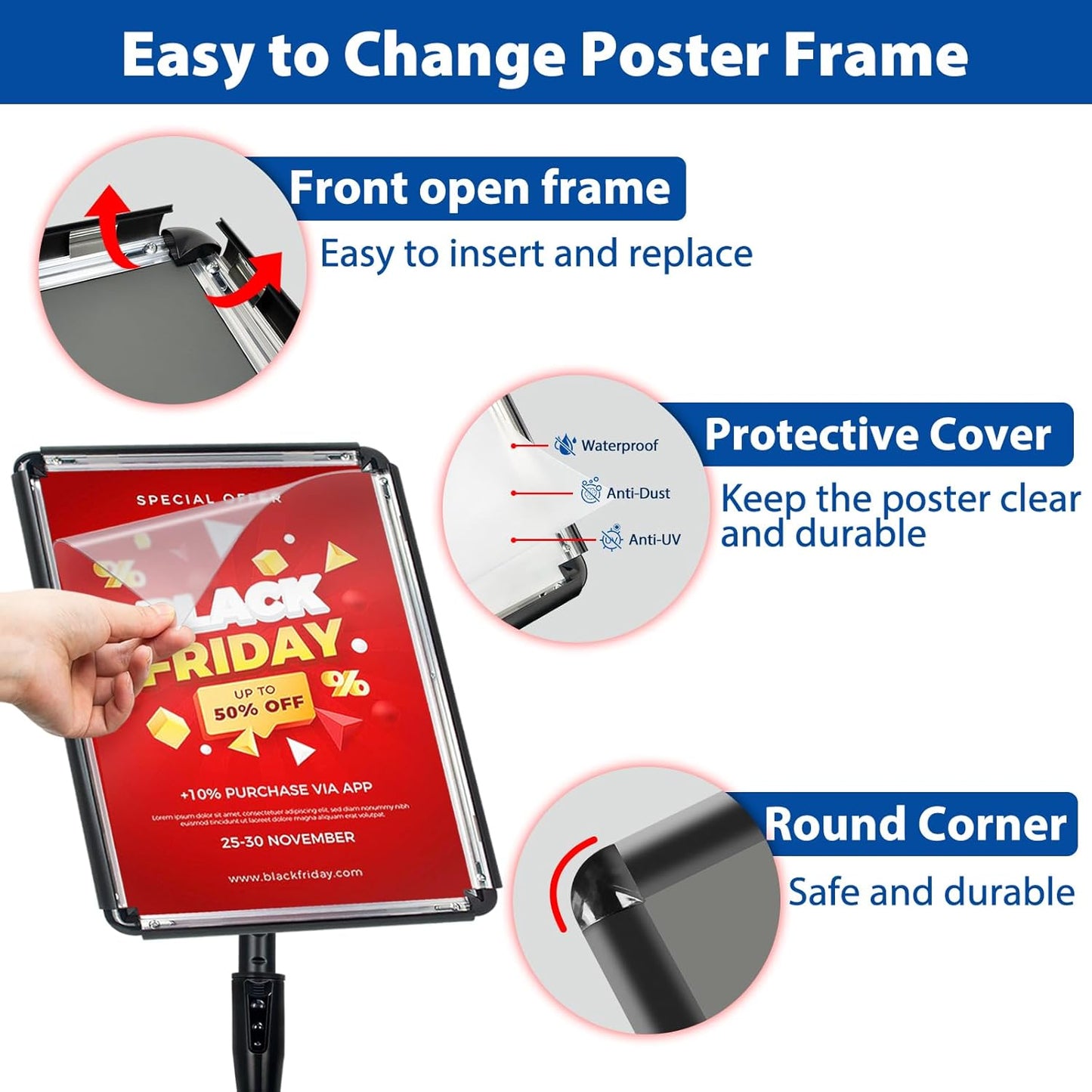 2-Pack 8.5x11 Inch Adjustable Sign Stand & Floor Standing Sign Holder - Pedestal Poster Stand with Vertical & Horizontal View Display for Indoor/Outdoor Business & Store Signage (Black)