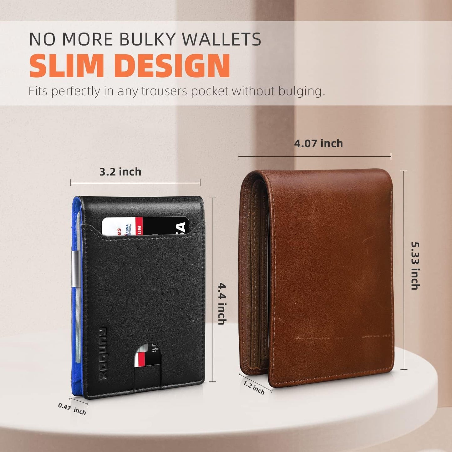 RUNBOX Slim Wallets for Men - Leather Money Clip Mens Wallet - RFID Blocking Front Pocket Bifold Wallet - Thin Credit Card Holder with Gift Box